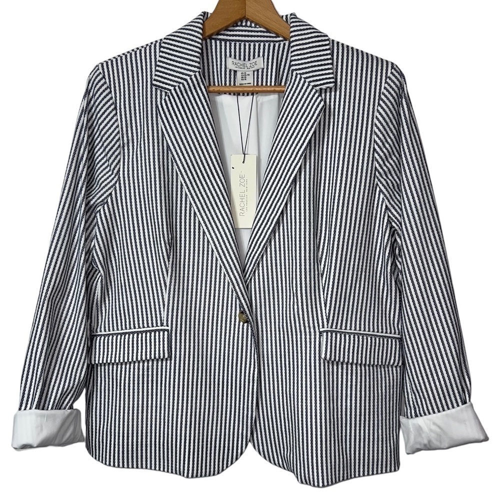 NWT Rachel Zoe White Blue Striped Seersucker Coastal Preppy Nautical Blazer XL